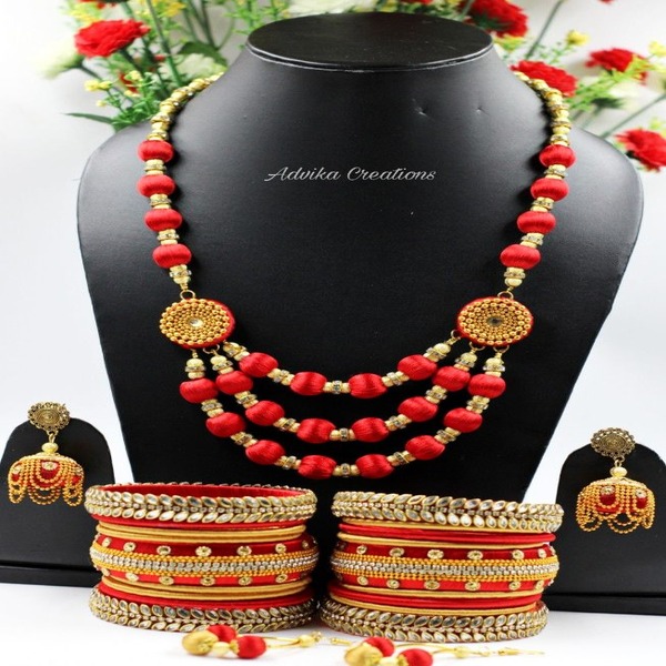 Designer layered Silk thread necklace set with 2 pair of earring and matching bangles