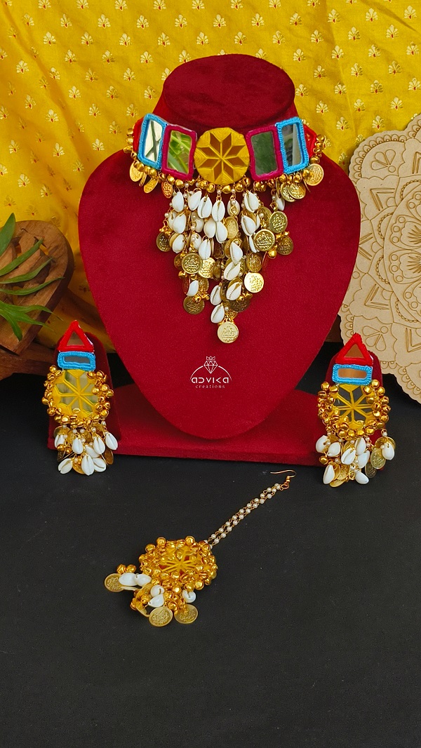 Embroidered Mirror and Laxmi Coin Choker Set with Matching Earrings