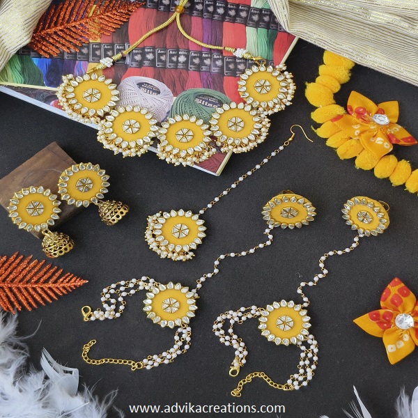 Radiant Yellow Fabric Jewelry Set with haathphool