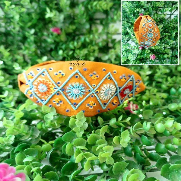 Beaded Embroidered Hair Band Yellow color Free Size headband for Girls