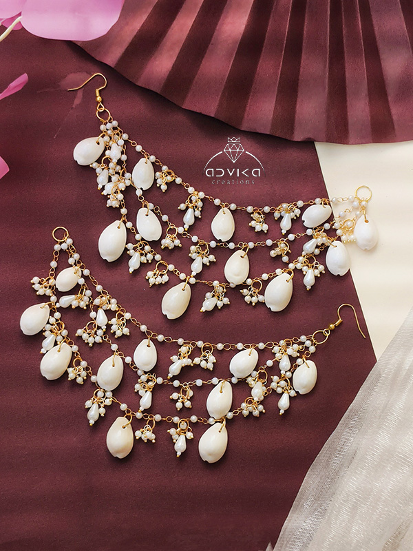 Pearl & Cowrie Shell Ear Chains
