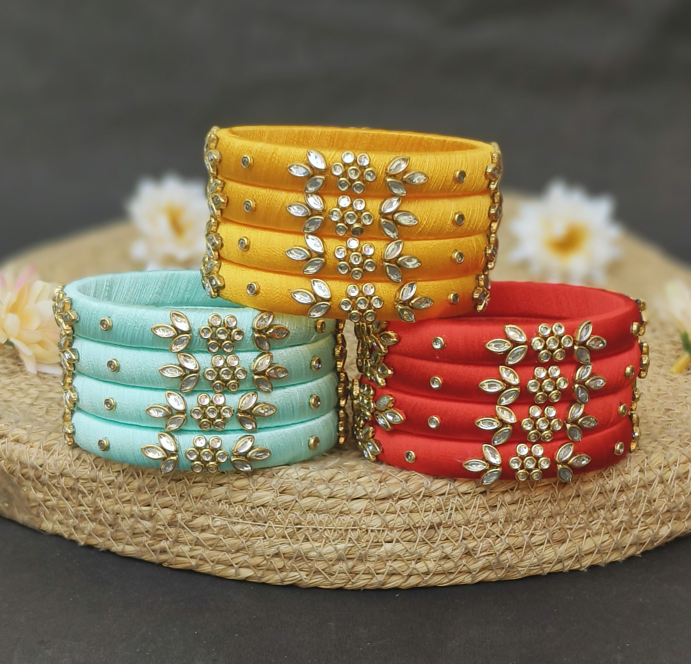 3-Colors Combo of 4 Silk Bangles sets 01