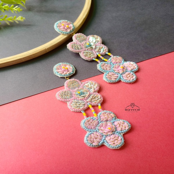 Dual color (pink & sky blue) long beaded Earring