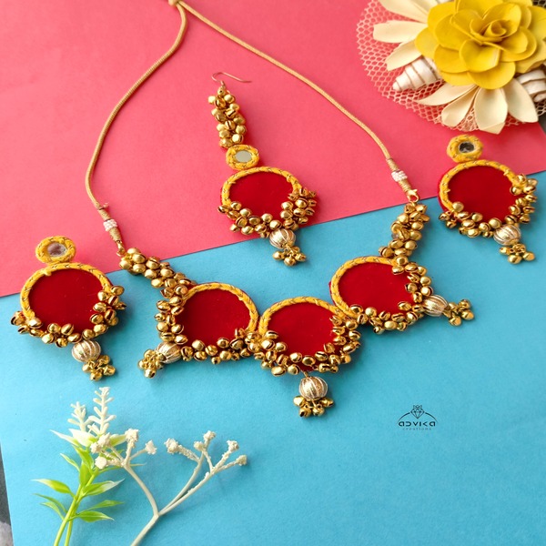 Red color Golden ghoongroo Elegant Pearl & Charm Embellished Fabric Jewelry