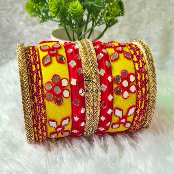 Mirror embroidered cotton thread bangle set red colour