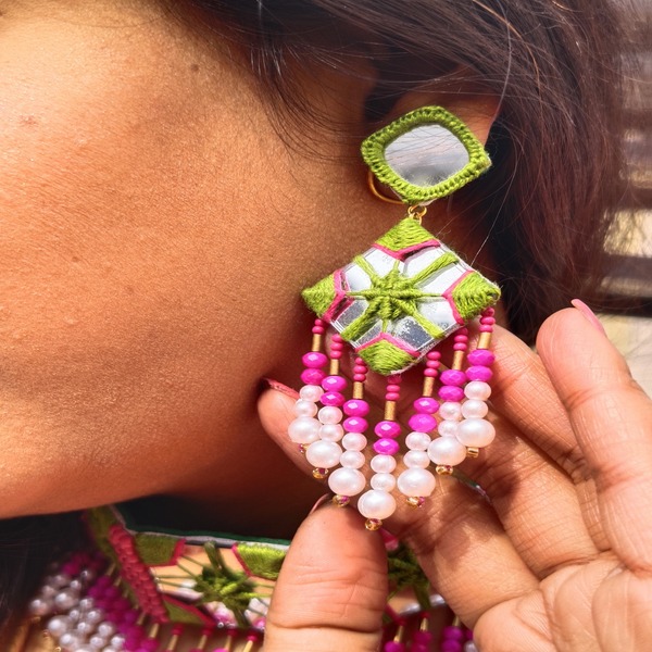 Spider work Mirror earrings green and pink color