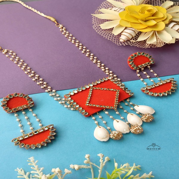 Orange color Fabric Necklace and Earring