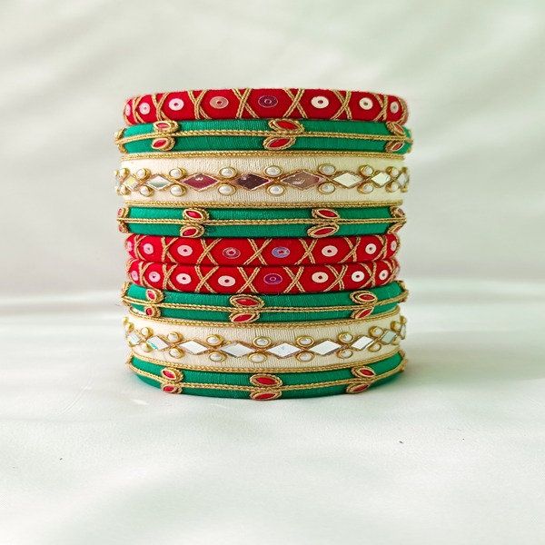 Green and Red Cotton Thread Bangles with Embellishments