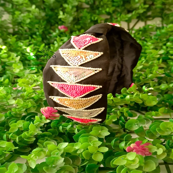 Beaded Embroidered Hair Band - Black Free Size headband for women and girls