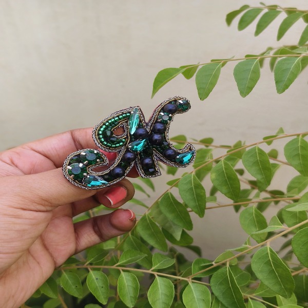 Green stylish M Letter Beaded Brooch
