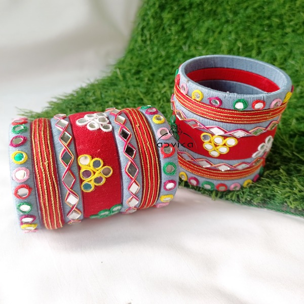 Multicoloured embroidered mirror work  bangles set