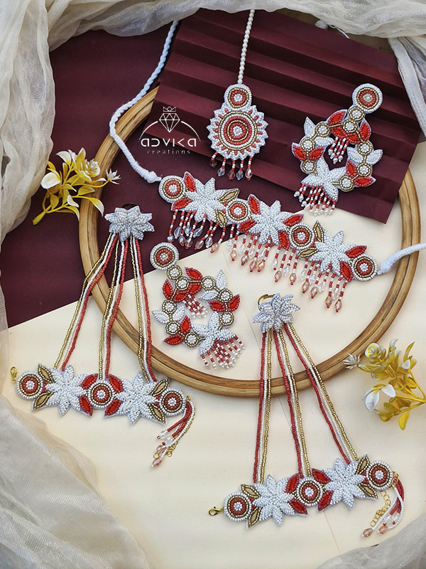 Elegant Crimson & White Beaded Floral Jewellery Set