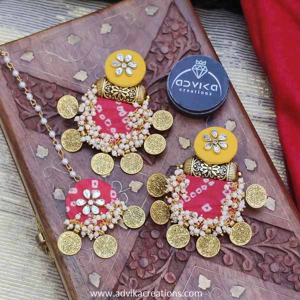 Jaipuri pink & yellow earring set