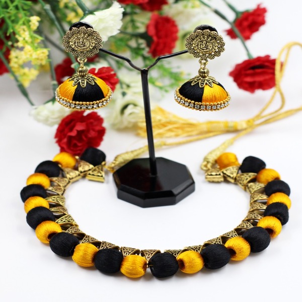 Silk thread dual colour antique necklace set