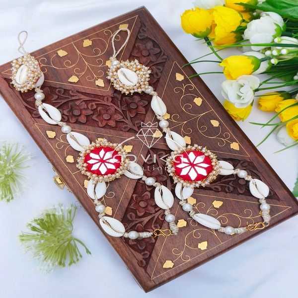 Customizable Handmade Embroidered Anklets with Mirrors, Shells & Pearls for Haldi Mehandi