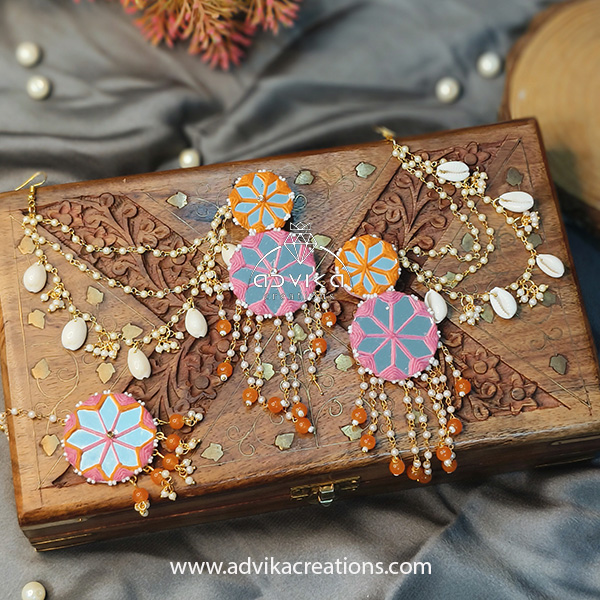 Vibrant Pink & Orange Mirror Earrings & Maangtika