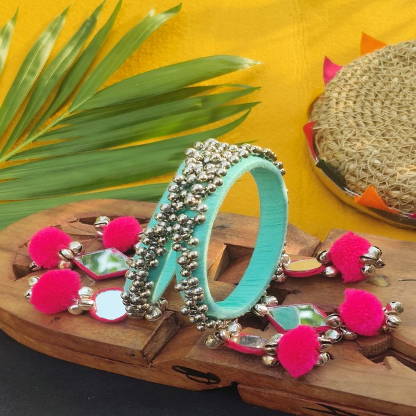 Pastel Green Cotton Kada with Mirror Hangings 