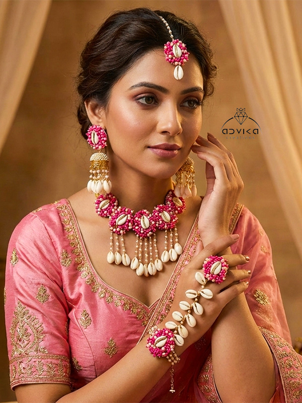 Cowrie shell pink jewellery set 