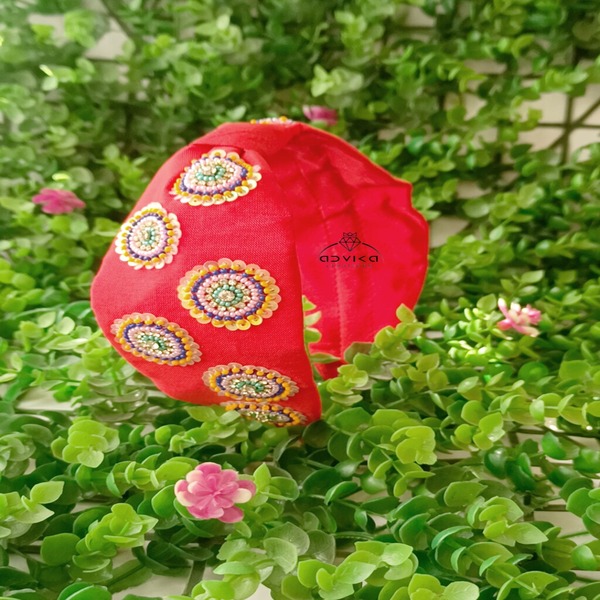 Red Trendy Bead embroidered handmade hairband for Girls and women