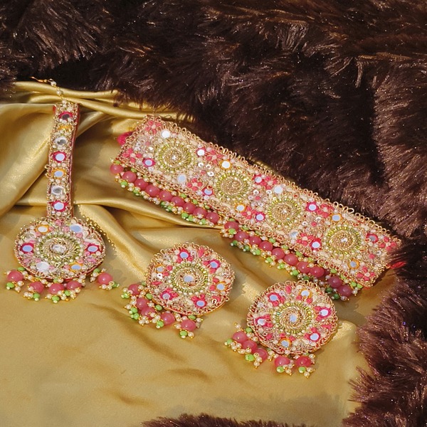 Elegant Pastel Bridal Jewelry Set with Beads, Mirror Work, and Zardosi Embroidery