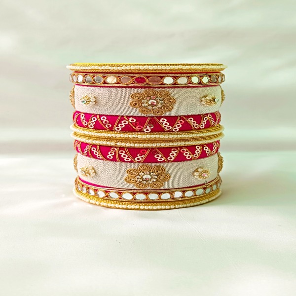  Handmade Cotton Thread Bangle Set with Beads Embroidery