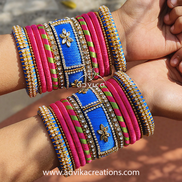 Pink & Blue Silk Thread Bangle Set