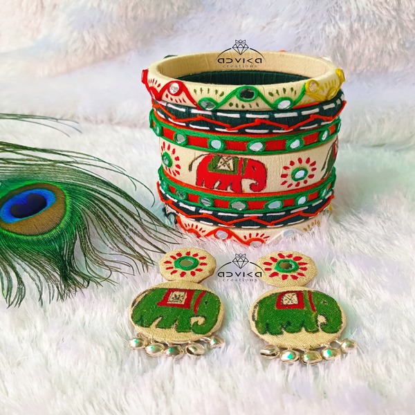  "Hand-Painted Elephant Motif Cotton Thread Bangle Set with Matching Earrings 