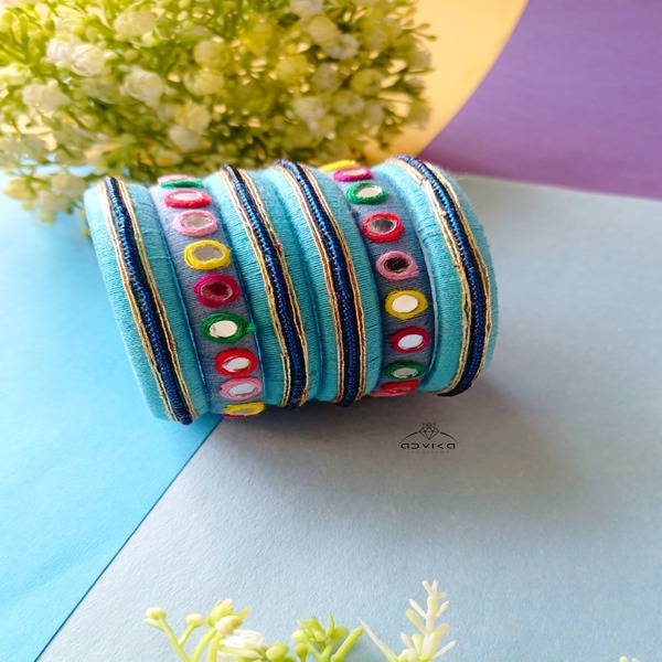  Handmade Blue Cotton Thread Bangle Set with Mirror