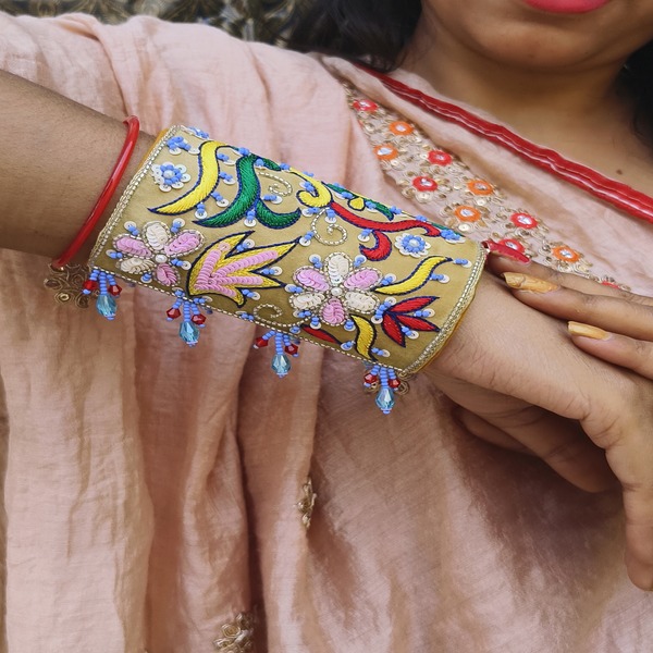 Luxe Handmade Embroidered Wide Handcuff for Versatile Styling