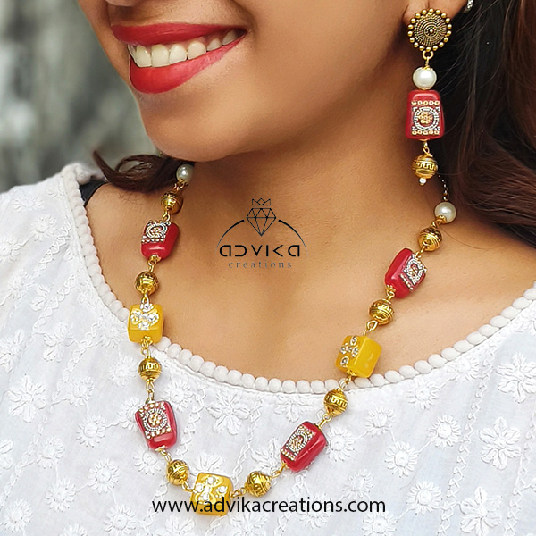 Tumble bead necklace Red and Yellow