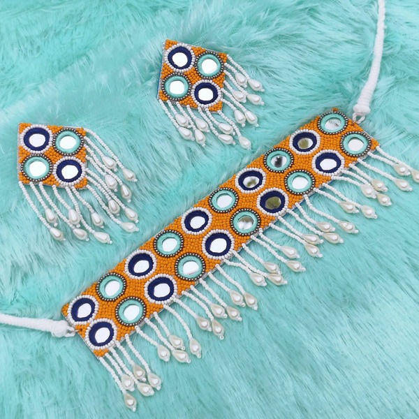 Orange colour Mirror Jewellery for Haldi Mehndi Jewellery Set