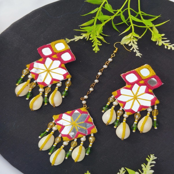 Cowrie and mirror Earring mangtika for Haldi, Mehndi, baby shower, Set For Women And Girls