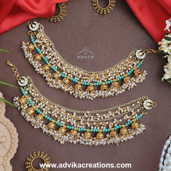 Heavy Ear Chain with Seagreen Beads, Golden Jhumkis