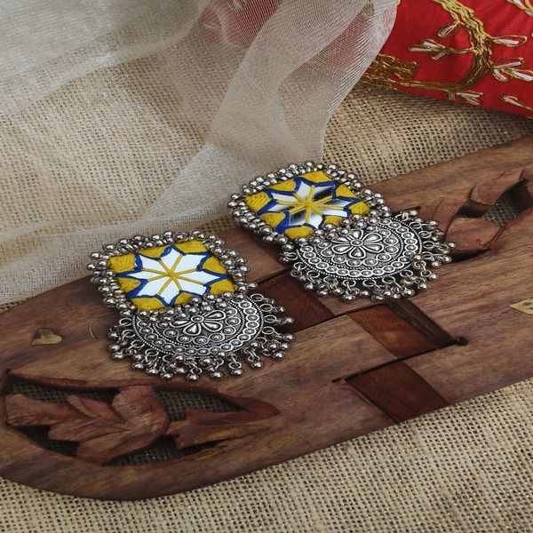 Yellow color mirror Earring with dangler for women and Girls