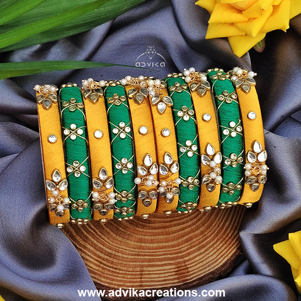 Royal Charm Green & Yellow Silk Thread Bangles
