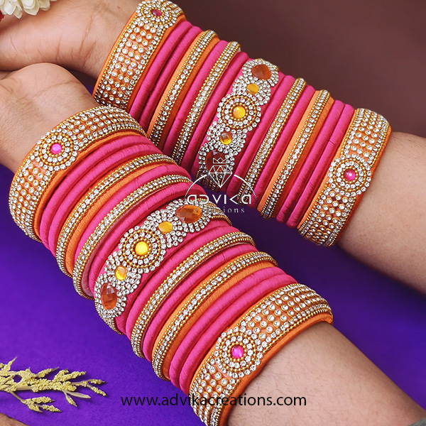 Radiant Pink–Orange Silk Thread Bangle Set