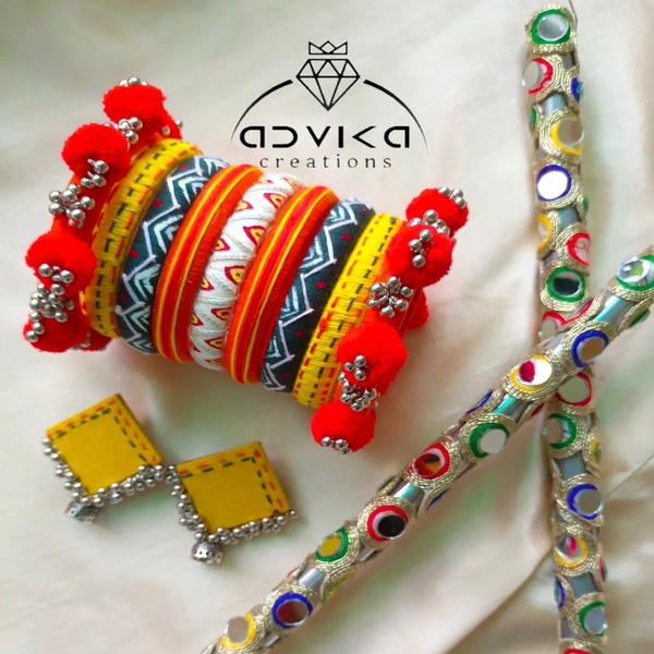 Hand-Painted Cotton Thread pompom Bangle with earrings