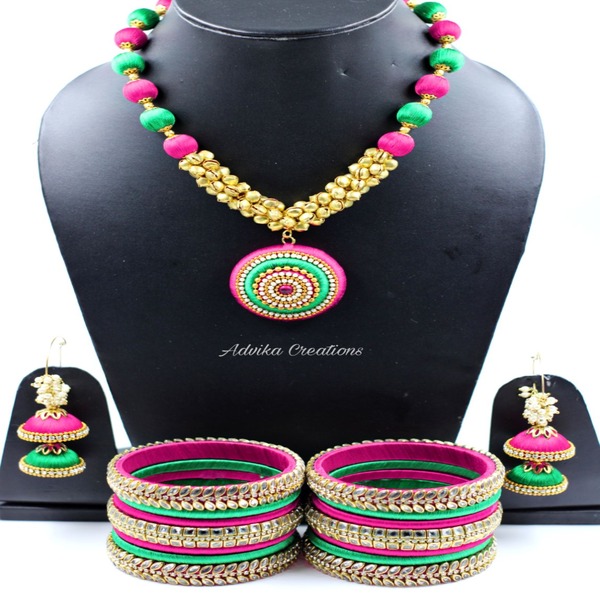 Silk thread ghungroo necklace set with matching bangles
