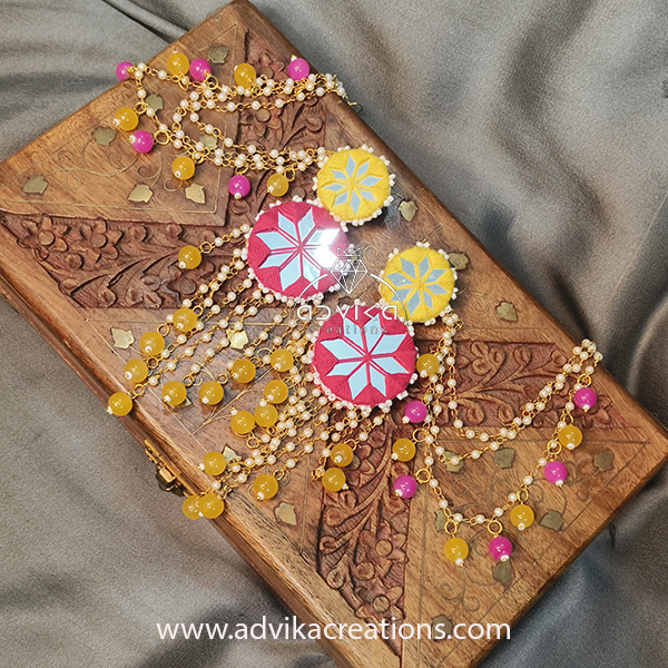Vibrant Pink & Yellow Mirror Earrings with 3-Layer Sahara Chain