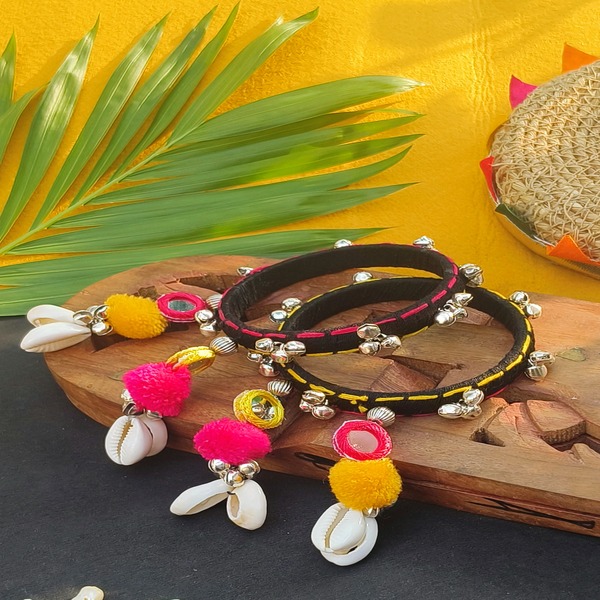 Black Cotton Bangle with Hand Embroidery and hanging