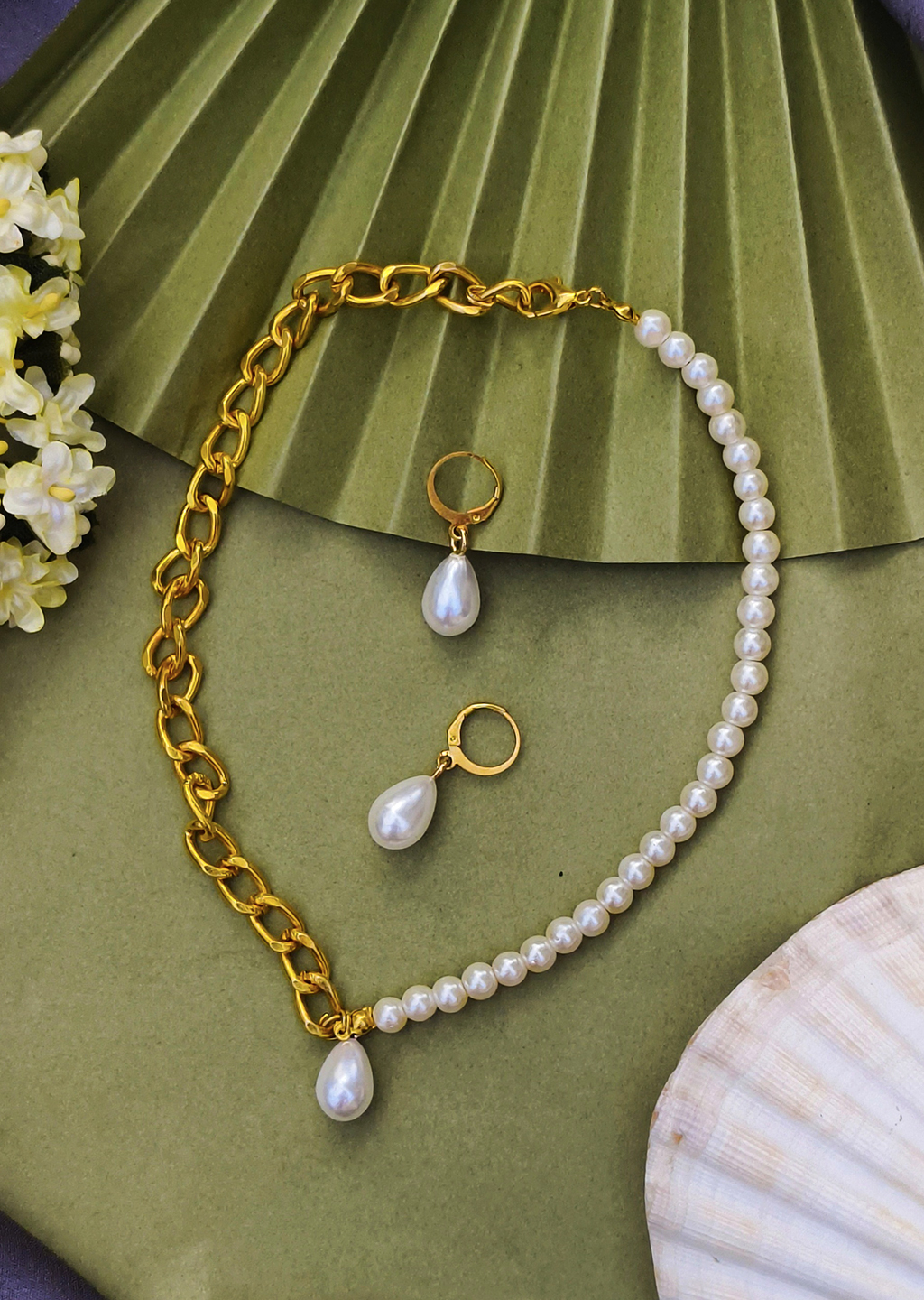 Half Pearl – Half Link Chain Necklace Set