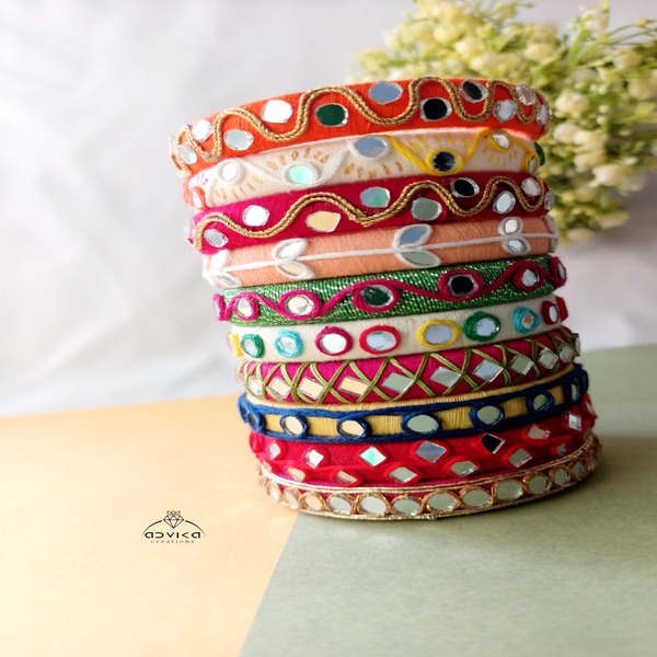 Colourful Mirror with Thread Work Navratri Boho Bangles Set