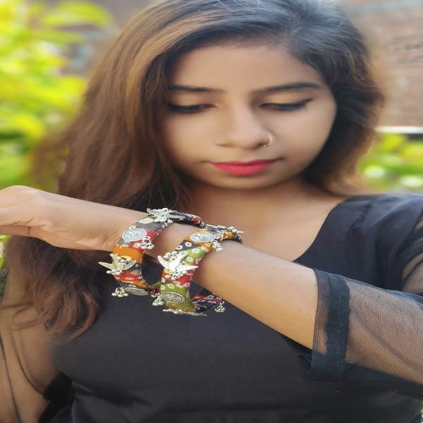 Silver bird charms fabric kada bangle for women and girls