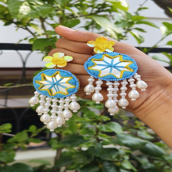 Sky blue and yellow beaded mirror with glass pearl hanging Earring for women and girls