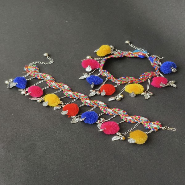 Handmade Embroidered Anklets with Mirrors, Ghoongroo, Shells & Pearls for Navratri