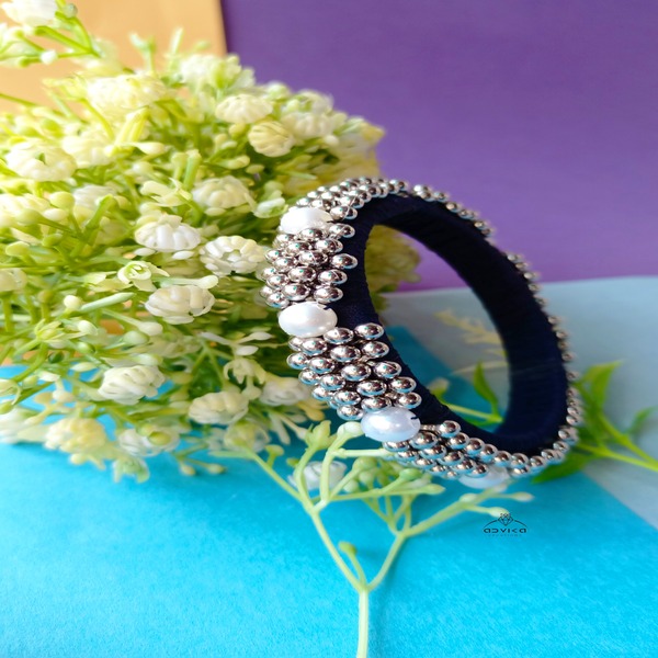 Elegant Black Cotton Thread Bangle with Acrylic Silver Beads 
