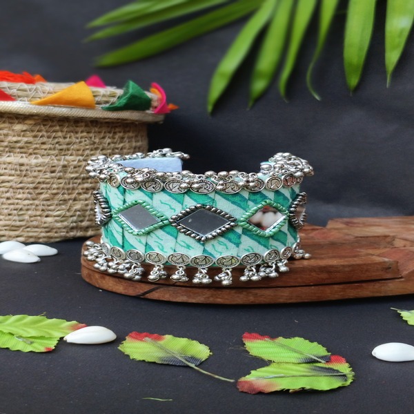 Handcrafted green Handcuff with Detailed Mirror and Bead Work
