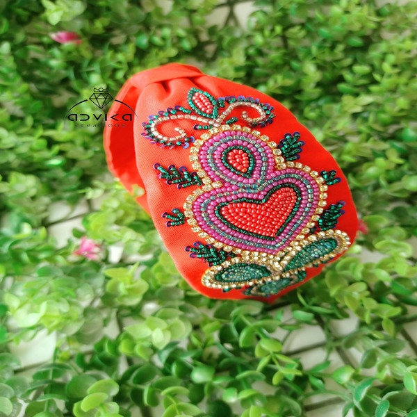 Orange Beaded Hair Bands For Girls And Women, Hand Made Embroidery Hair Bands For Parties And Functions