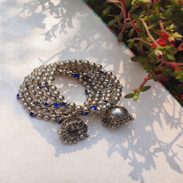 Silver Beads blue stones Jhumki Adjustable Ring Bracelet