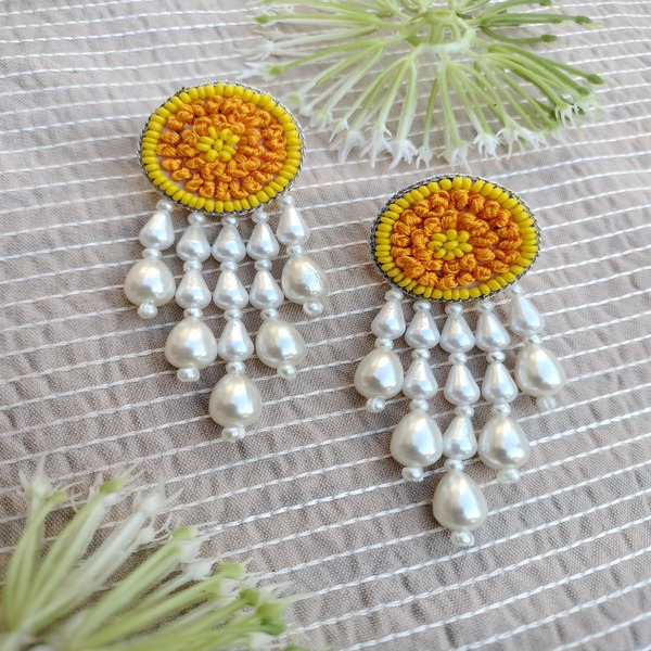 Yellow Round beaded Earring for women and girls